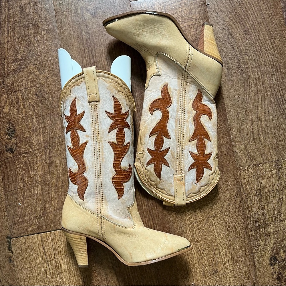 Dingo White & Tan Fire Leather Mid Calf Heeled Western Boots
